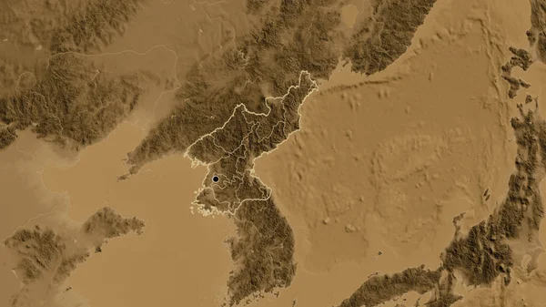 Close North Korea Border Area Its Regional Borders Sepia Elevation — Stock Photo, Image