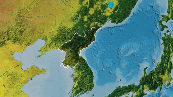 北朝鲜边境地区的特写镜头 用地形图上的黑暗阴影突出显示出来 资本点 国家形貌概述 — 图库照片