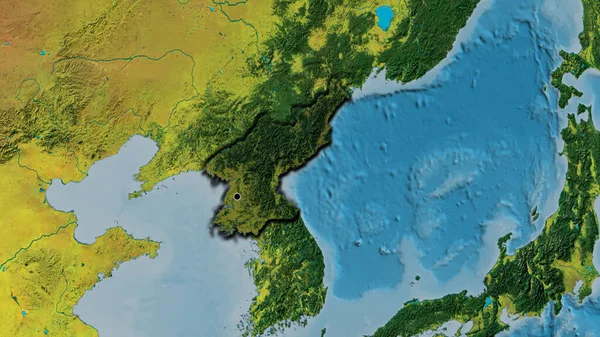 地形図上の暗いオーバーレイで強調北朝鮮国境地域のクローズアップ 資本ポイント 国の形の縁が隠されている — ストック写真
