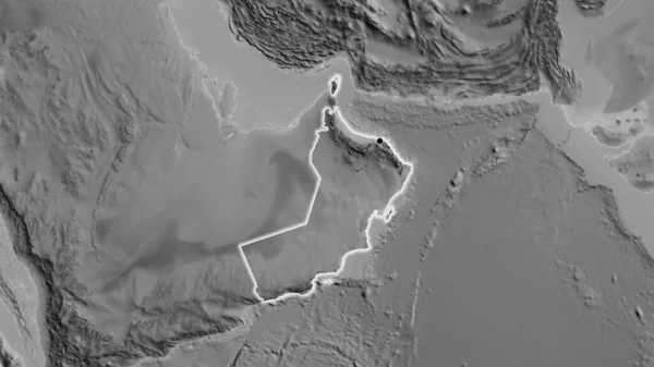 Közelkép Ománi Határterületről Egy Szürkeárnyalatos Térképen Remek Pont Fényes Körül — Stock Fotó