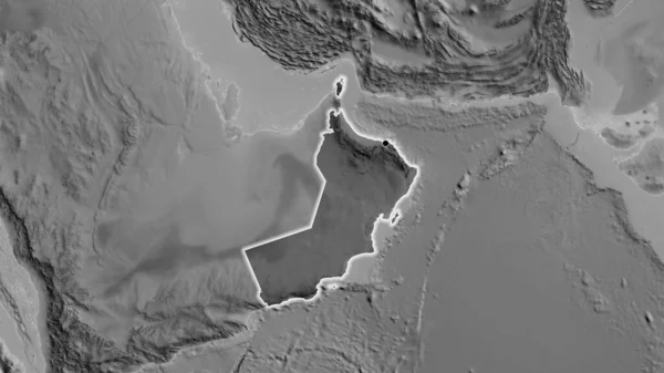 Közelkép Ománi Határterületről Amely Egy Szürkeárnyalatos Térképen Sötét Felülettel Világít — Stock Fotó