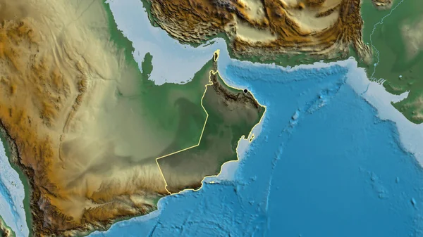 Detailní Záběr Pohraniční Oblasti Ománu Zvýrazňující Tmavou Vrstvu Reliéfní Mapě — Stock fotografie