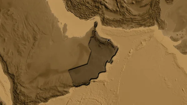 Close Oman Border Area Highlighting Dark Overlay Sepia Elevation Map — Stock Photo, Image
