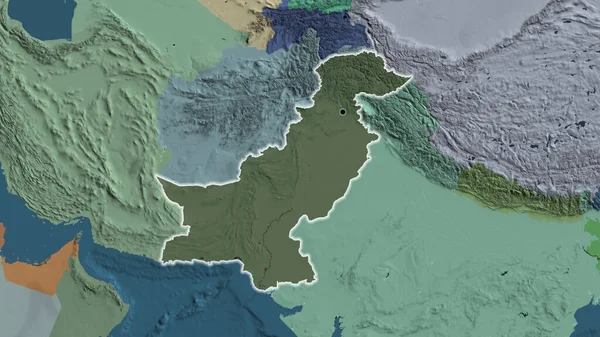 Pakistan sınır bölgesinin yakın çekimleri idari haritada koyu bir örtüyle vurgulanıyor. Ana nokta. Ülke çapında parıltı. 