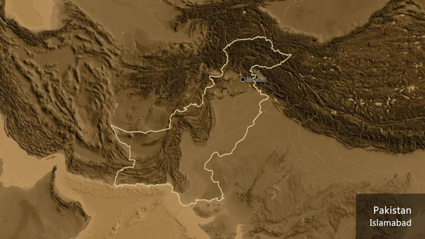Close Área Fronteira Paquistão Mapa Elevação Sépia Ponto Capital Esboço — Fotografia de Stock