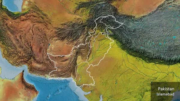 stock image Close-up of the Pakistan border area and its regional borders on a topographic map. Capital point. Outline around the country shape. English name of the country and its capital