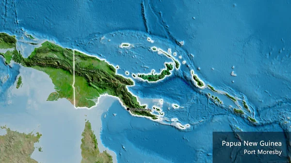 衛星地図上のパプアニューギニア国境地域の閉鎖 資本ポイント 国の形の周りに光る 英名国とその首都 — ストック写真