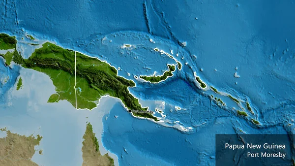 在卫星地图上对巴布亚新几内亚边境地区进行了近距离调查 资本点 概略地描述一下国家的面貌 国家及其首都的英文名称 — 图库照片
