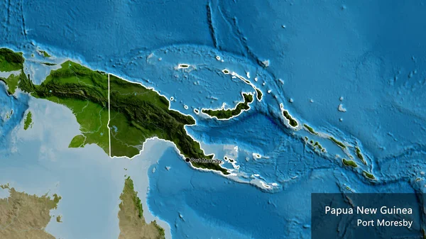 巴布亚新几内亚边境地区的特写镜头 以卫星地图上的黑暗覆盖为重点 资本点 概略地描述一下国家的面貌 国家及其首都的英文名称 — 图库照片