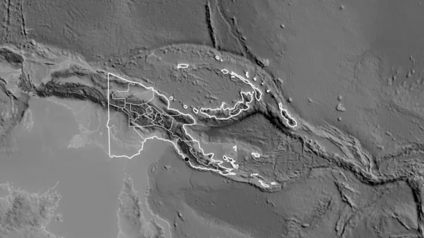 在一张灰色比例尺地图上对巴布亚新几内亚边境地区及其区域边界进行密切监视 资本点 国家形貌概述 — 图库照片