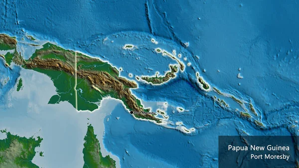 物理的な地図上のパプアニューギニア国境地域の閉鎖 資本ポイント 国の形の周りに光る 英名国とその首都 — ストック写真