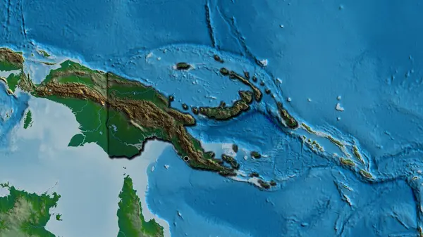 Zbliżenie Strefy Przygranicznej Papui Nowej Gwinei Ciemną Nakładką Fizyczną Mapę — Zdjęcie stockowe
