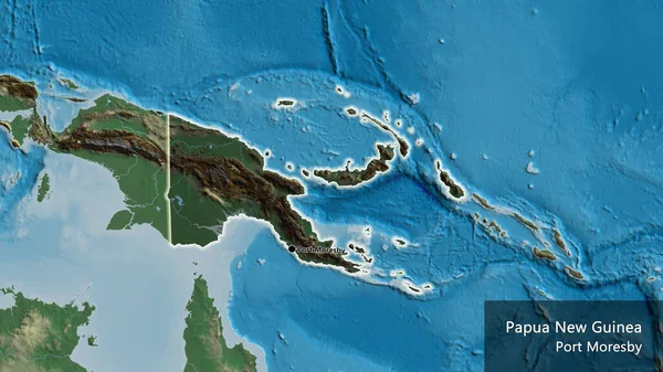 パプアニューギニア国境地域のクローズアップは 救援地図上の暗いオーバーレイで強調しています 資本ポイント 国の形の周りに光る 英名国とその首都 — ストック写真