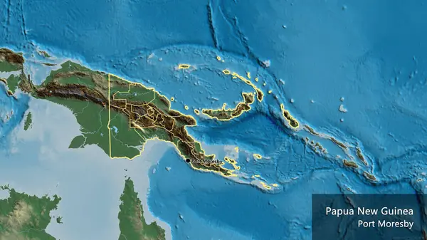 パプアニューギニア国境地域とその地域境界の閉鎖は救援地図上で行われた 資本ポイント 国の形の周りの概要 英名国とその首都 — ストック写真