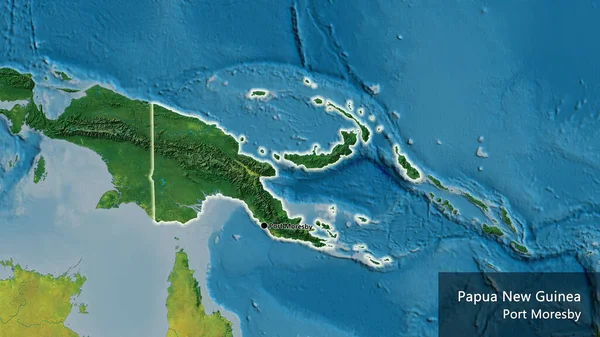 地形図上のパプアニューギニア国境地域の閉鎖 資本ポイント 国の形の周りに光る 英名国とその首都 — ストック写真