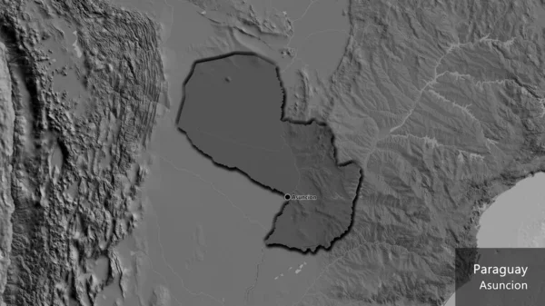 巴拉圭边境地区的特写镜头 用双层地图上的黑暗阴影突出显示 资本点 这个国家的边缘呈斜角状 国家及其首都的英文名称 — 图库照片