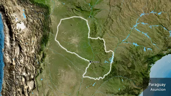 Close Área Fronteira Paraguai Mapa Satélite Ponto Capital Brilha Volta — Fotografia de Stock