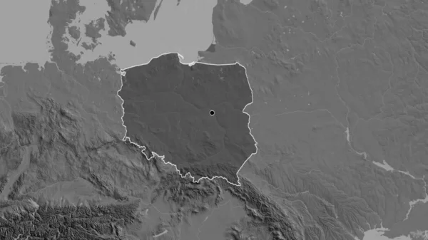 Close-up of the Poland border area highlighting with a dark overlay on a bilevel map. Capital point. Outline around the country shape.