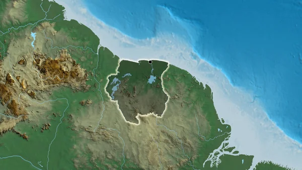 Close Suriname Border Area Highlighting Dark Overlay Relief Map Capital — Stock Photo, Image