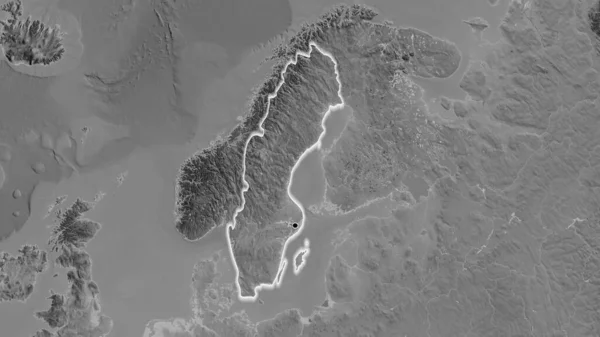 Detailní Záběr Pohraniční Oblasti Švédska Mapě Stupních Šedi Fakt Záře — Stock fotografie