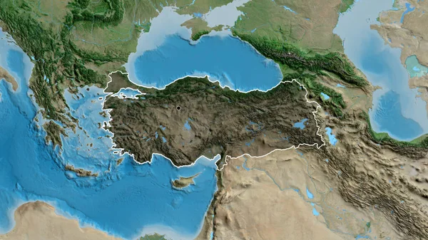 衛星地図上の暗いオーバーレイで強調トルコ国境地域のクローズアップ 資本ポイント 全国の概要 — ストック写真
