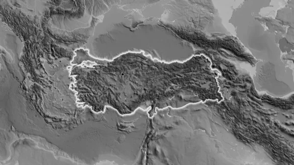 Zbliżenie Strefy Przygranicznej Turkiye Mapie Szarości Główny Punkt Blask Wokół — Zdjęcie stockowe