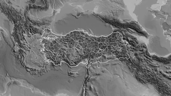 在灰色比例尺地图上对Turkiye边境地区及其区域边界进行密切监视 资本点 国家形貌概述 — 图库照片