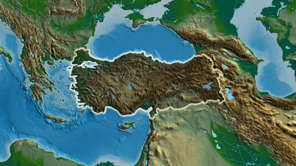 Detailní Záběr Pohraniční Oblasti Turkiye Zvýrazňující Tmavou Vrstvu Fyzické Mapě — Stock fotografie