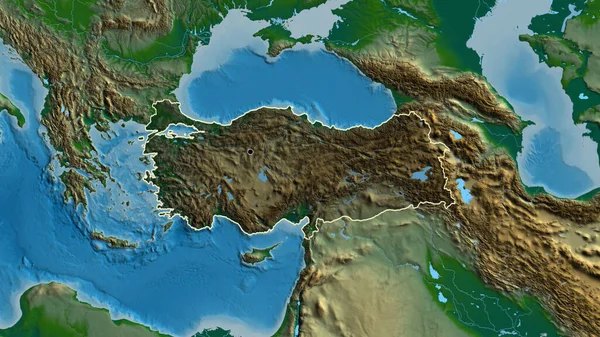 トルコの国境地帯のクローズアップは 物理的な地図上の暗いオーバーレイで強調しています 資本ポイント 全国の概要 — ストック写真