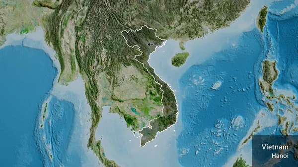 衛星地図上の暗いオーバーレイで強調ベトナム国境地域のクローズアップ 資本ポイント 国の形の周りの概要 英名国とその首都 — ストック写真