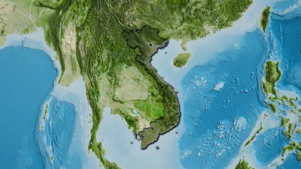 衛星地図上の暗いオーバーレイで強調ベトナム国境地域のクローズアップ 資本ポイント 国の形の縁が隠されている — ストック写真