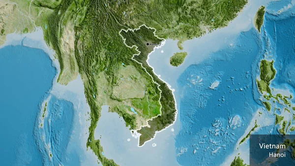 衛星地図上の暗いオーバーレイで強調ベトナム国境地域のクローズアップ 資本ポイント 国の形の周りに光る 英名国とその首都 — ストック写真