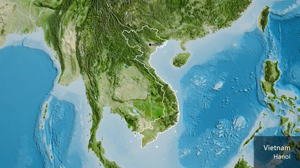 衛星地図上のベトナム国境地域の閉鎖 資本ポイント 国の形の周りの概要 英名国とその首都 — ストック写真