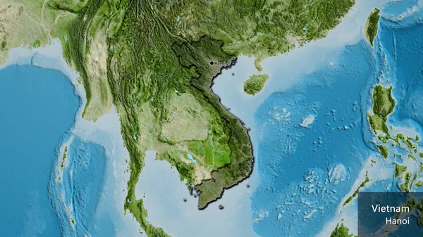 衛星地図上の暗いオーバーレイで強調ベトナム国境地域のクローズアップ 資本ポイント 国の形の縁が隠されています 英名国とその首都 — ストック写真