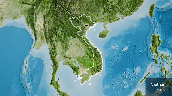 衛星地図上のベトナム国境地域の閉鎖 資本ポイント 国の形の周りに光る 英名国とその首都 — ストック写真