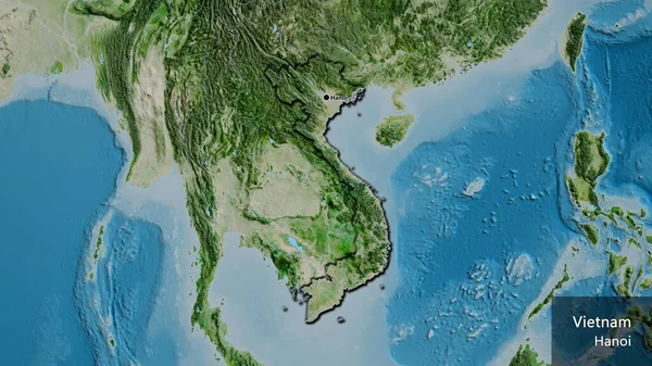 衛星地図上のベトナム国境地域の閉鎖 資本ポイント 国の形の縁が隠されています 英名国とその首都 — ストック写真