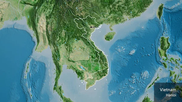 衛星地図上のベトナム国境地域の閉鎖 資本ポイント 国の形の周りの概要 英名国とその首都 — ストック写真