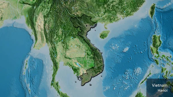 衛星地図上の暗いオーバーレイで強調ベトナム国境地域のクローズアップ 資本ポイント 国の形の縁が隠されています 英名国とその首都 — ストック写真