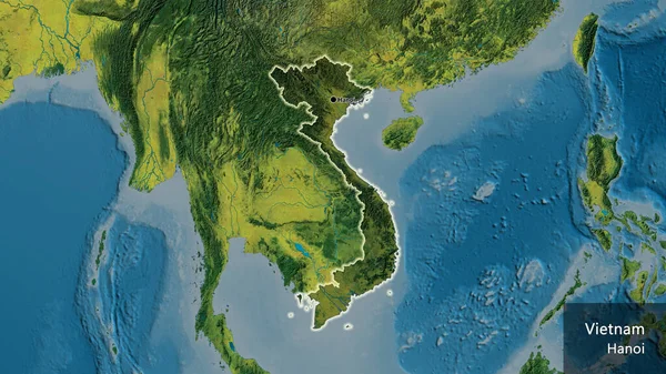 地形図上の暗いオーバーレイで強調ベトナム国境地域のクローズアップ 資本ポイント 国の形の周りに光る 英名国とその首都 — ストック写真