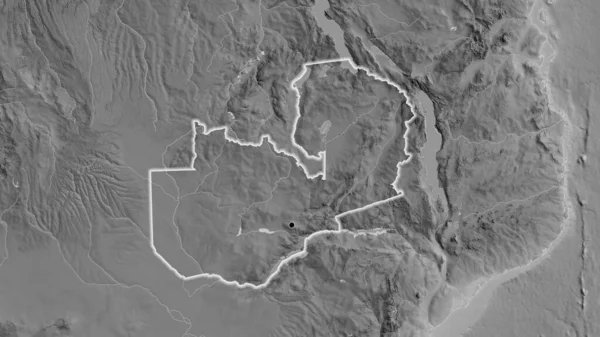 Närbild Zambias Gränsområde Grå Karta Huvudpunkt Glow Runt Landet Form — Stockfoto