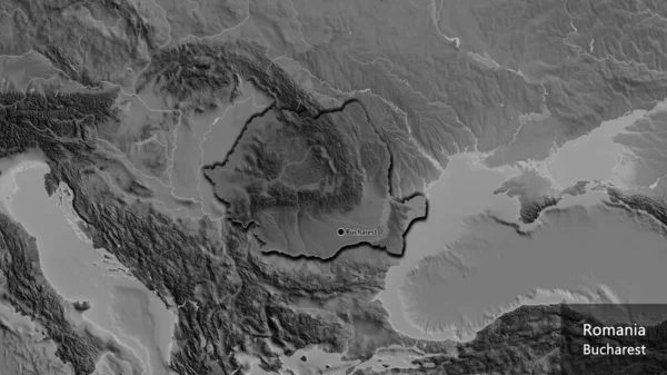 罗马尼亚边境地区的特写镜头 用灰色比例尺地图上的黑暗阴影突出显示出来 资本点 这个国家的边缘呈斜角状 国家及其首都的英文名称 — 图库照片