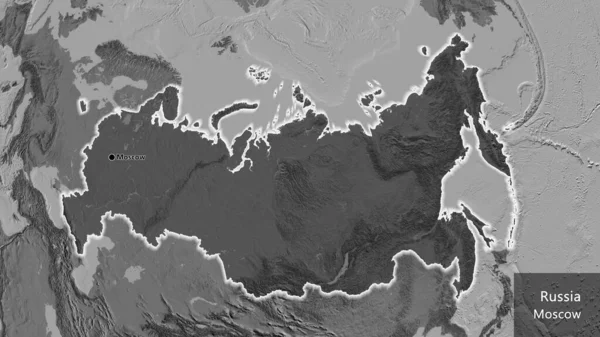 俄罗斯边境地区的特写镜头 用一张双层地图上的黑暗阴影突出显示出来 资本点 风靡全国各地 国家及其首都的英文名称 — 图库照片