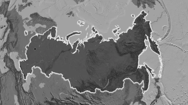 俄罗斯边境地区的特写镜头 用一张双层地图上的黑暗阴影突出显示出来 资本点 风靡全国 — 图库照片