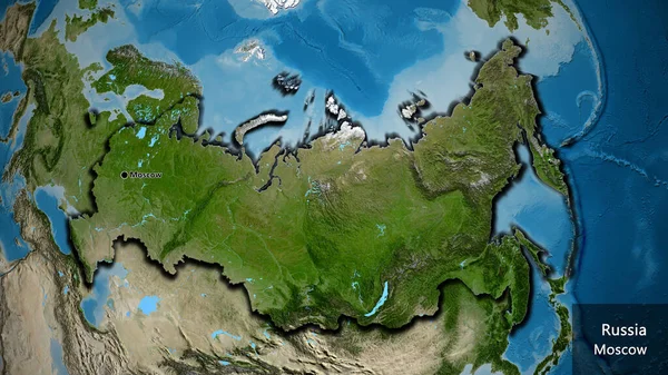 卫星地图上俄罗斯边境地区的特写 资本点 这个国家的边缘呈斜角状 国家及其首都的英文名称 — 图库照片