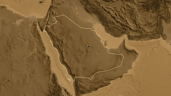 Close Área Fronteira Arábia Saudita Mapa Elevação Sépia Ponto Capital — Fotografia de Stock