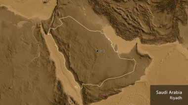 Bir sepia yükseklik haritasında Suudi Arabistan sınır bölgesinin yakın çekimleri. Ana nokta. Ülke çapında bir taslak oluşturun. Ülkenin ve başkentinin İngilizce adı