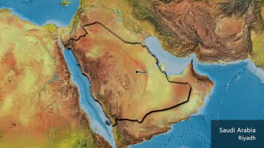 Suudi Arabistan sınır bölgesinin topoğrafik haritaya yakın çekimleri. Ana nokta. Kırsal kesimin kıvrımlı kenarları. Ülkenin ve başkentinin İngilizce adı