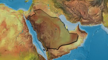 Suudi Arabistan sınır bölgesinin, topoğrafi haritada koyu bir örtüyle işaretlenmiş hali. Ana nokta. Ülkenin kıvrımlı kenarları. 