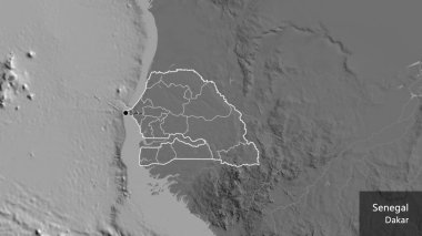 Bir bileklik haritasında Senegal sınır bölgesi ve bölgesel sınırlarına yakın çekim. Ana nokta. Ülke çapında bir taslak oluşturun. Ülkenin ve başkentinin İngilizce adı