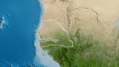 Senegal sınır bölgesinin uydu haritasında yakın plan görüntüsü. Ana nokta. Ülke şekli etrafında özet geç. 